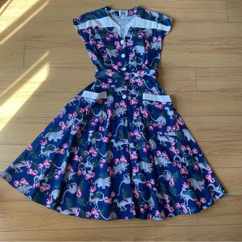 Unique Vintage Blue Dinosaur Midi Dress